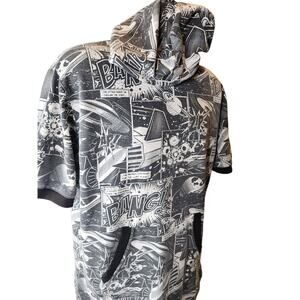 Royal Blue Hoodie Large Comic Book Graphic Short Sleeve Sweatshirt Retro Pop Art